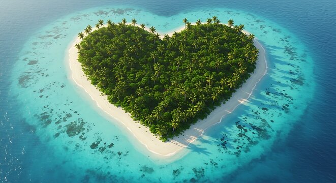 Aerial view of a beautiful tropical island in the shape of a heart.