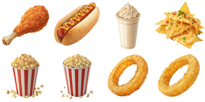 Crispy fried chicken drumstick hot dog with mustard milkshake with whipped cream nachos with cheese popcorn bucket onion rings enjoy indulgent