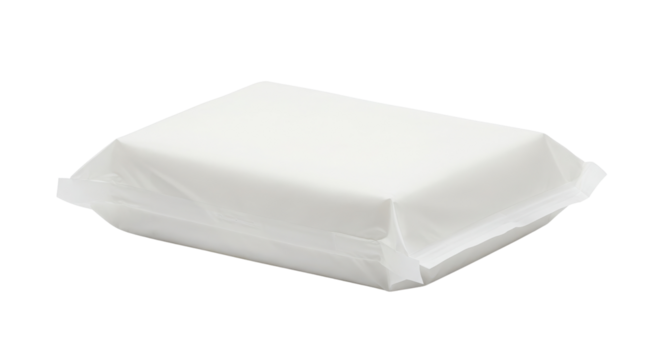 White bar of soap wrapped in blank plastic packaging for product branding and mockup isolated PNG with Transparent Background