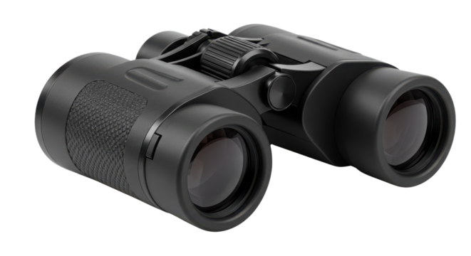 Black pair of optical binoculars for travel, bird watching, hunting, and outdoor viewing equipment isolated PNG with Transparent Background