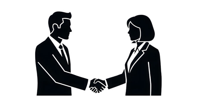 Silhouette of a man and woman in suits shaking hands against a white background in a vector image