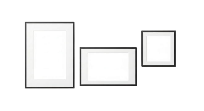 Empty black picture frames set for gallery wall mockup or photo presentation template isolated PNG with Transparent Background