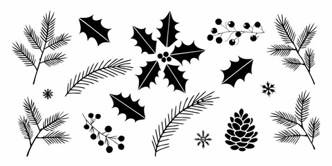Collection of black silhouette christmas elements including pine branches holly berries snowflakes and pinecone on white background © Rakesh