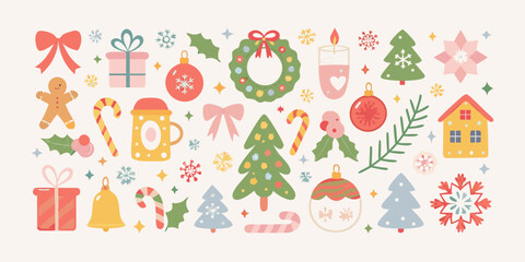 A charming collection of festive christmas icons and decorations in a playful flat design style