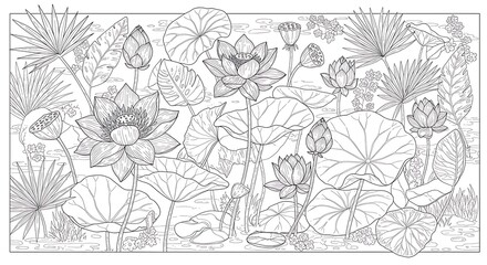 Detailed Line Art of Lotus Flowers and Foliage in a Pond.