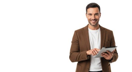 Confident handsome businessman smiling while using digital tablet for modern professional communication. isolated PNG with Transparent Background