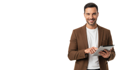Confident handsome businessman smiling while using digital tablet for modern professional communication. isolated PNG with Transparent Background