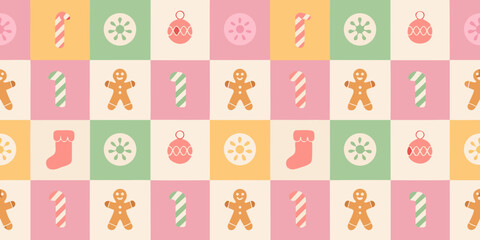 Whimsical christmas pattern with gingerbread cookies candy canes stockings and ornaments in pastel colors