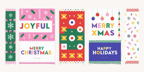 Collection of festive and colorful christmas and new year greeting cards with playful abstract designs and holiday messages