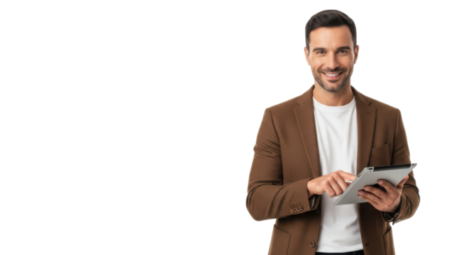 Confident handsome businessman smiling while using digital tablet for modern professional communication. isolated PNG with Transparent Background