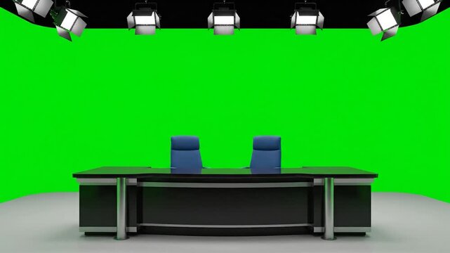 A studio setup with a green screen backdrop, desk, chairs, and lighting fixtures