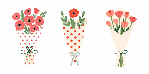 Three charming hand drawn floral bouquets with red poppies and tulips in decorative wrapping paper