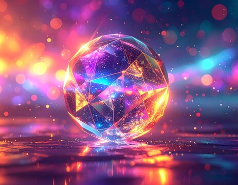 Geometric crystal orb radiates light amidst vibrant bokeh