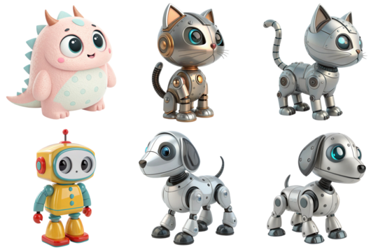 Cute robot cat and dog toys with cheerful pastel monster and retro robot, metallic panels, rounded joints, glossy eyes and playful expression