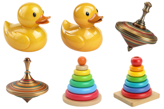 Yellow rubber duck toy yellow rubber duck bath toy wooden spinning top colorful stacking toy rainbow ring stacker playful nursery scene joyful