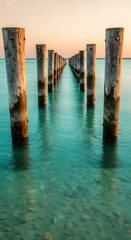 Fototapeta premium Wooden pilings receding into the distance over tranquil turquoise water during sunset