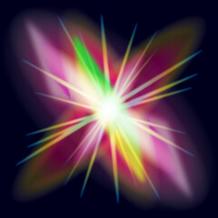 Colorful abstract burst of glowing light with radiant rays in pink green yellow and white tones on a dark background creating a dynamic energy explosion effect
