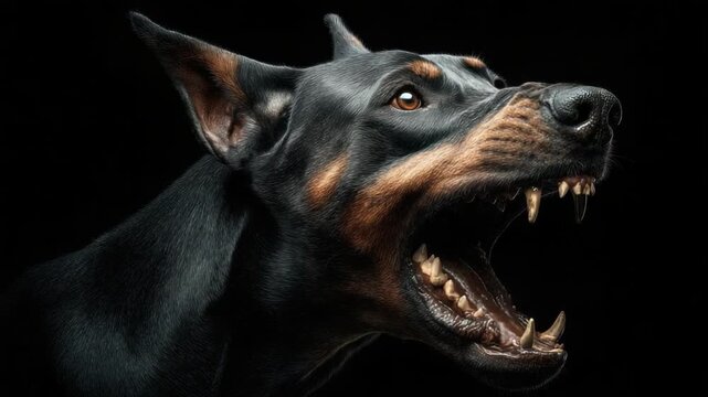 Fierce close-up of a black and tan dog snarling with exposed teeth against a black background