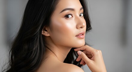 Beautiful Young Asian Woman with Healthy Glowing Skin and Dark Wavy Hair Looking Back