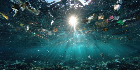 An underwater view with sunlight filtering through, debris floats, creating an environmental concern