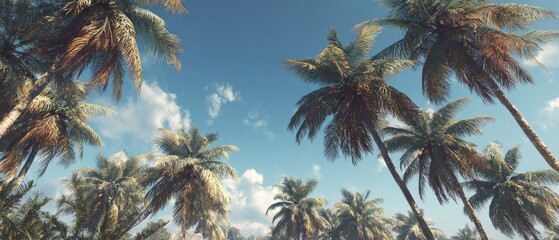 An upward view shows many palm trees against a blue sky, with scattered clouds