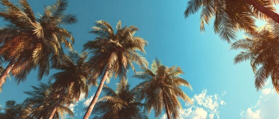 Low-angle shot of palm trees under a clear, bright blue sky, showcasing a warm and sunny tropical scene