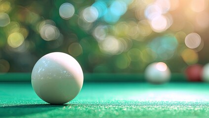 Close-up of a white billiard ball on a green table with blurred balls and natural bokeh in the background