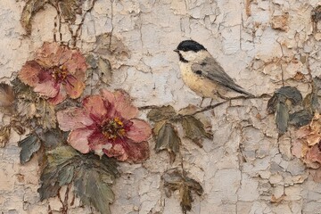 Textured artwork, a small bird perched on branch with leaves near blooming flowers