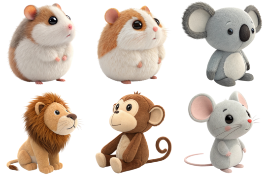 Cute plush hamster koala lion monkey mouse toy collection with soft fur and round shapes, playful and cuddly expression - Powered by Adobe