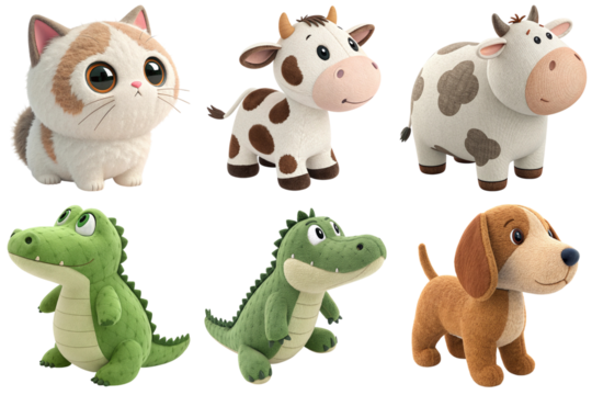 Cute plush animal toys cat cow calf crocodile alligator dog in soft fabric collection playful expression for child gift - Powered by Adobe