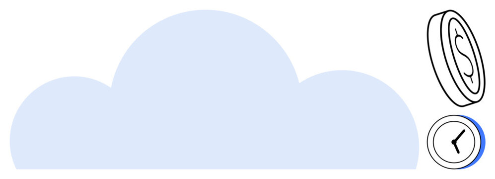 Blue cloud with dollar coin and clock emphasizing cost-effectiveness, time management, and digital productivity. Ideal for technology, cloud computing, finance, efficiency, planning, savings