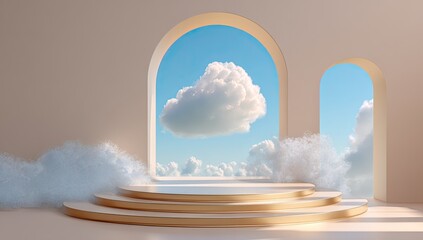 Surreal image of a multi-tiered platform, archways showcasing clouds against a bright blue sky