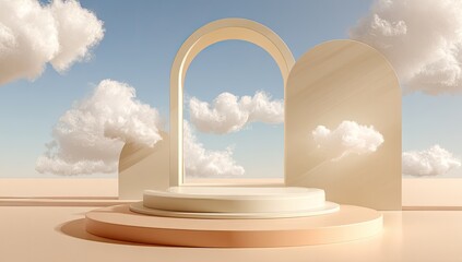 A pastel-toned, minimalist scene with a pedestal, arches, and fluffy clouds against a blue sky