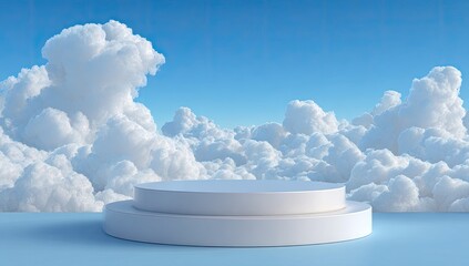 A minimalist, white pedestal set against a backdrop of fluffy white clouds and a bright blue sky