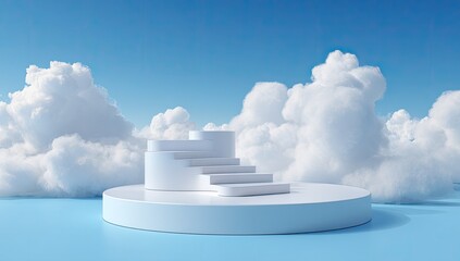 A white, tiered platform with stairs ascends, framed by fluffy clouds against a vibrant blue sky