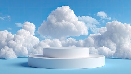 A pristine, two-tiered white pedestal sits against a bright blue sky filled with fluffy clouds