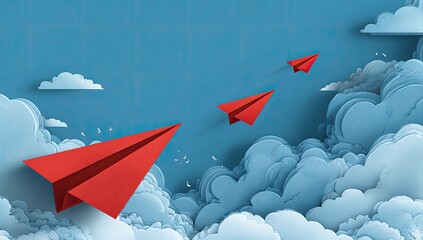 Dynamic scene with red paper airplanes soaring through fluffy, layered clouds in a blue sky