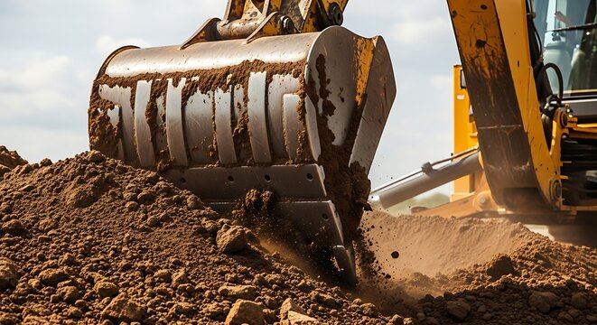 Excavator digging earth, construction site, heavy machinery, close-up view.