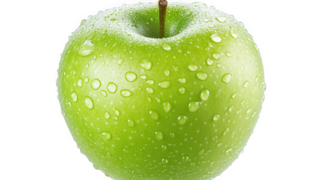 Fresh green apple with water droplets isolated on transparent background