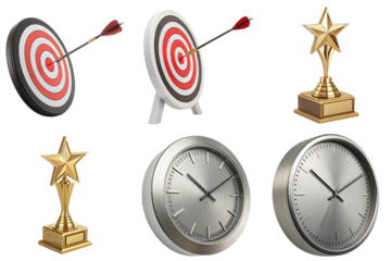 Bullseye target with arrow, star trophy on wooden base, and silver wall clock evoking achievement and punctuality