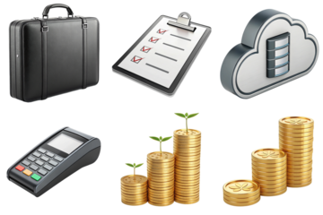 Black briefcase clipboard with checklist cloud server icon payment terminal stacked coins with seedlings gold coin piles growing prosperity