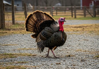 Male wild turkey displaying fanned tail feathers on a farm.