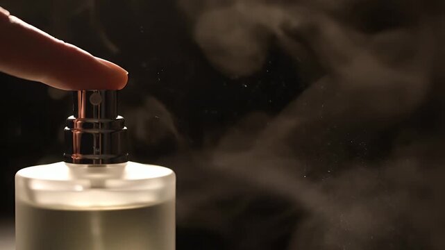 Finger pressing spray nozzle on perfume bottle releasing fine mist in darkness