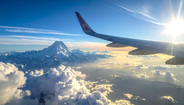 Aerial view from an airplane window showcasing a snow-capped mountain range under a bright sun, plane wing in sight