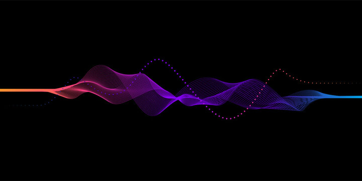 Vector abstract circles lines wavy in round frame colorful spectrum light isolated on black background with empty space for text in concept technology, digital, music, science.