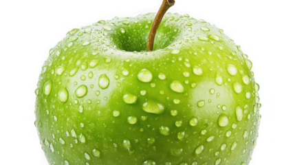 Fresh green apple with water droplets isolated on transparent background