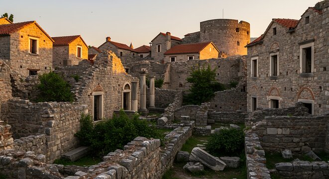 Ancient stone ruins of a historic European village at sunset.