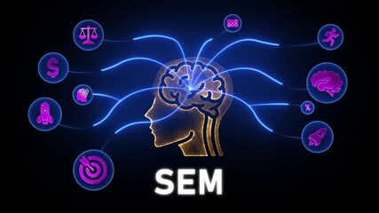 Human brain with glowing connections and icons representing SEM concepts Keywords: brain, mind, head, human, profile, silhouette, thought, idea, concept, connection, network, glowing, blue, neon - Powered by Adobe
