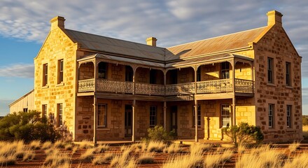 Historic Stone Building with Veranda in Arid Landscape.