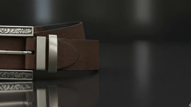 Close up of a brown leather belt with silver buckle on dark background